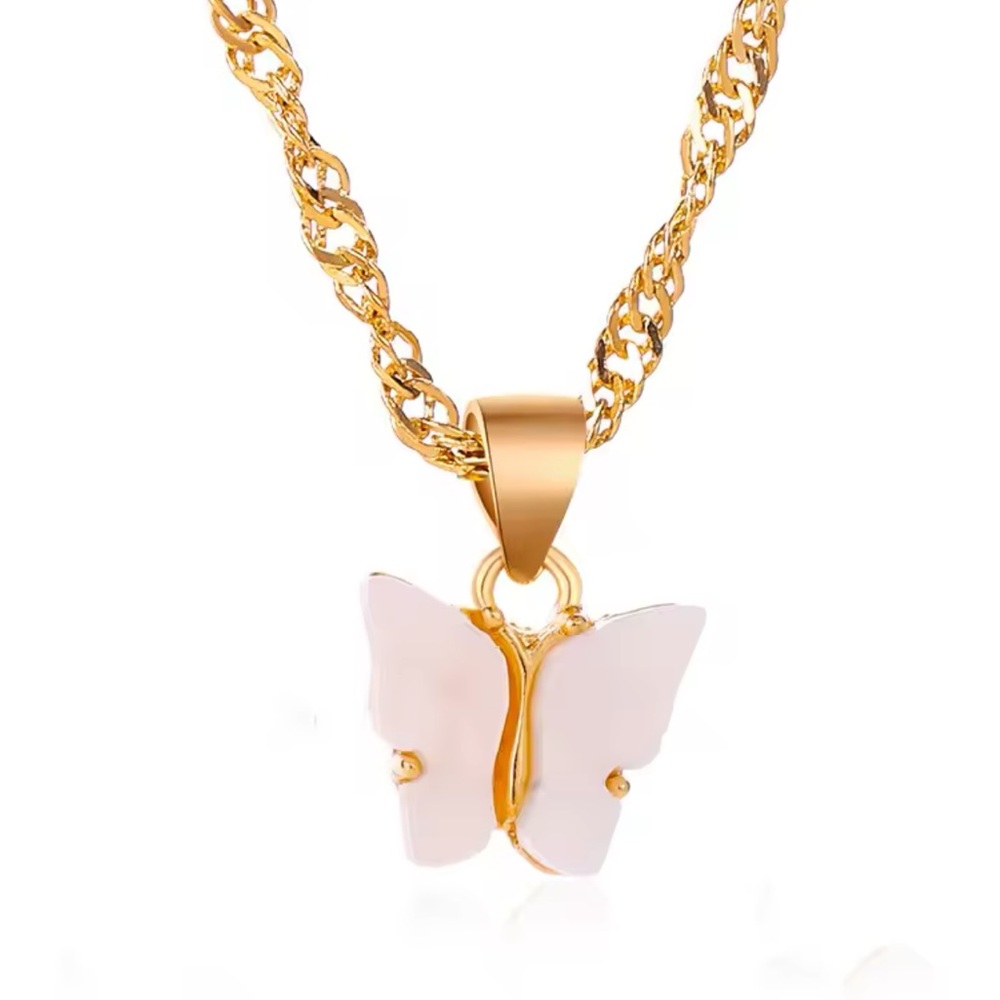 White Acrylic Butterfly Pendant Stainless Steel Gold Chain Necklace
